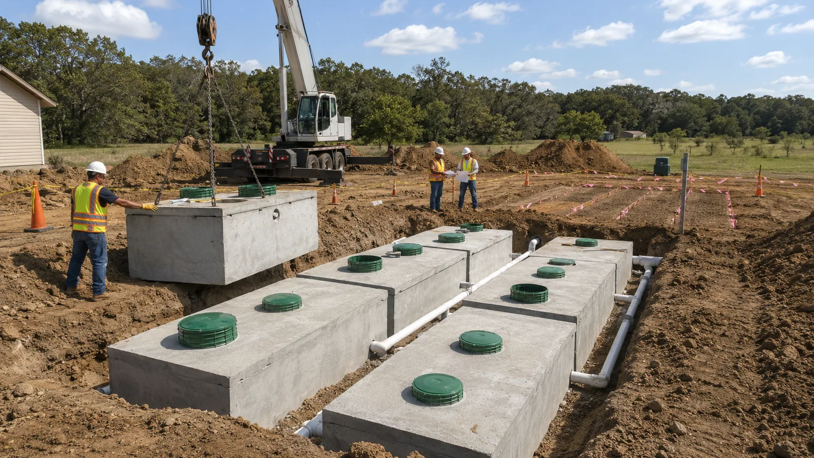 Larger-scale Texas septic installation in progress with concrete tanks, field layout markers, trenching, safety equipment, and workers verifying setbacks before backfill.