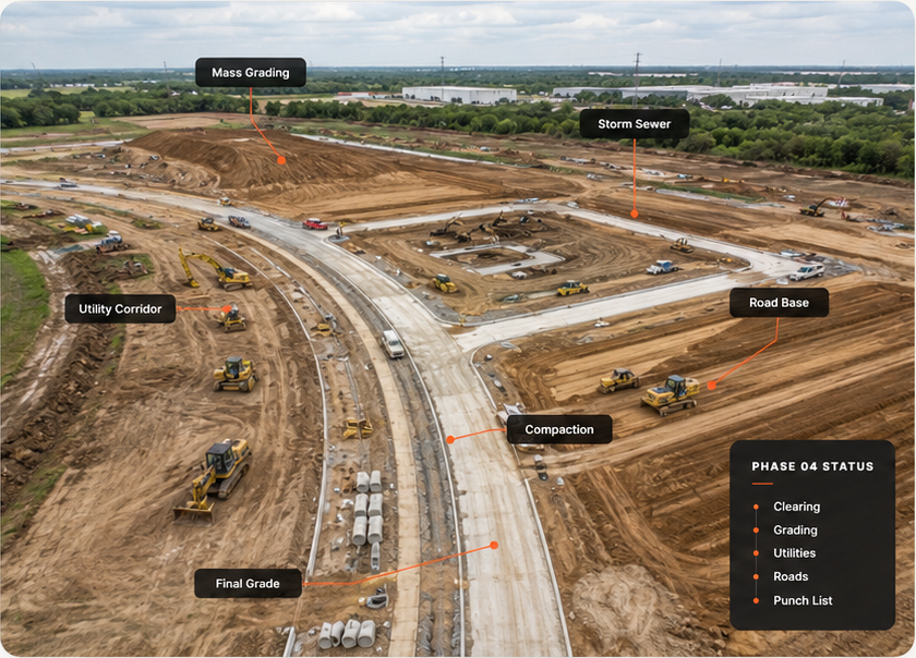 Active land development site with grading, road base, storm sewer, utility corridor, compaction, and final grade callouts.
